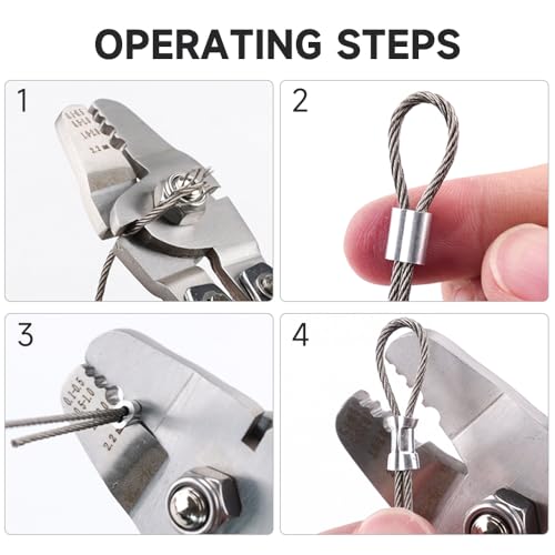 Up to 2.2mm Wire Rope Crimping Tool Kit, 99FT Stainless Steel Wire Rope (3 Sizes), 180 Aluminum Double Sleeves (3 Sizes), 10 Thimbles YEJ-122O+Loop&Rope&Thimbles Bag Kit