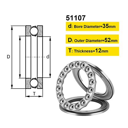 HiPicco Thrust Ball Bearings, 4pcs 51107 Plane Axial Ball Bearing 3-in-1, 35mm x 52mm x 12mm Chrome Steel ABEC3 Single Row Roller