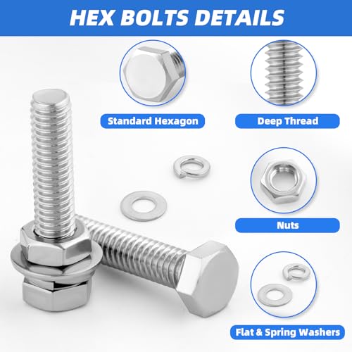 Besitu 252Pcs Hex Bolts and Nuts Assortment Kit, 1/4-20, 5/16-18, 3/8-16 Assorted Bolts Nuts and Washers Kit, 304 Stainless Steel Machine Screw Sets with Case Silver-SAE Stainless Steel Hex Bolts