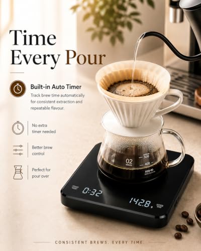 Rechargeable Coffee Scale with Auto Timer, 3kg Digital Espresso Scale 0.1g Precision, USB-C Charging Barista Coffee Scale with LED Display and Tare Function for Espresso, Pour Over and Brewing