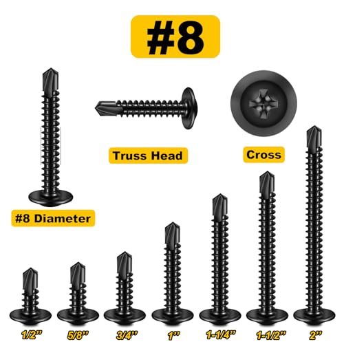Mywish 155Pcs #8 Black Self Tapping Screws & 150Pcs #8 x 2 Self Tapping Screws,410 Stainless Steel Truss Head Sheet Metal Screws, Self Drilling Screws for Metal Plastic & Wood， Self Drilling Screws