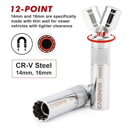CASOMAN 10PCS 3/8"Drive Magnetic Spark Plug Socket Set, 6PT&12PT, Include Extension Bar, Universal Joint & Spark Plug Gapper, CR-V Steel 10-Piece Set with Accessory