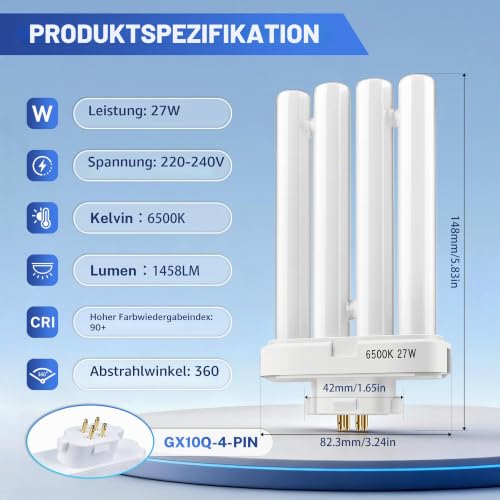 GX10Q-4 27W 4-Pin 6500K Daylight Bulb, 220-240V Daylight Lamp, Compact Fluorescent Lamp & Replacement Fluorescent Tube for Desk Lamp, Table Lamp, Office Lamp