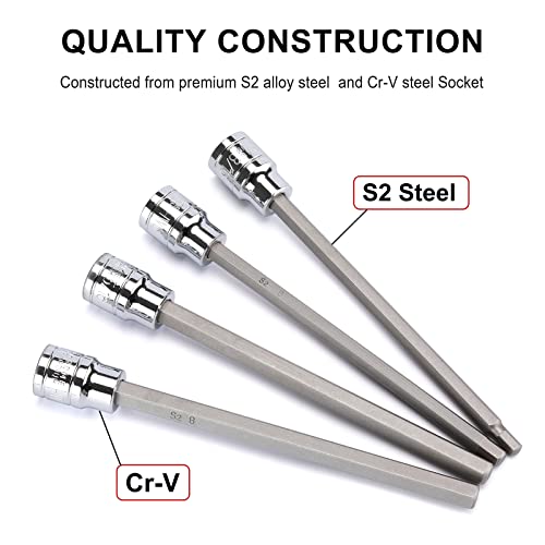CASOMAN 18 Pieces 3/8 Inch Drive Long Hex Bit Socket Set,1/8 Inch to 3/8 Inch, 3mm to 10mm, SAE&Metric, Extra Long Allen Hex Bit Socket Set, CR-V and S2 Steel 18 Pieces Metric & SAE