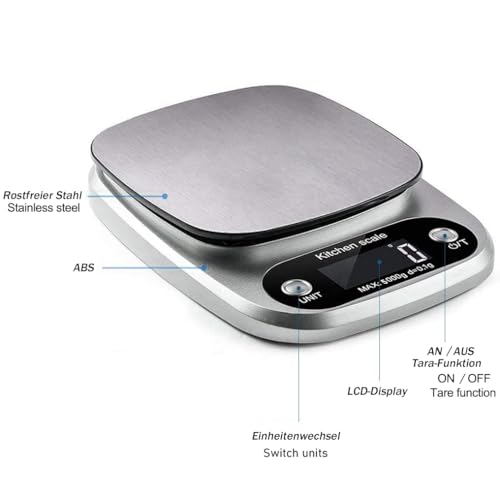 Digital Kitchen Scales Professional Electronic Scales Stainless Steel Precision up to 0.1 g (5 kg Maximum Weight), Food Scales Precision Scales with Tare Function