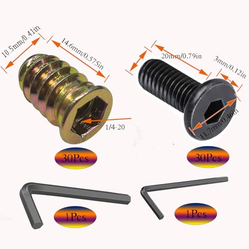 30 Sets 1/4-20 x 3/4" Furniture Screw Nut Threaded Inserts for Wood,1/4-20 x 19/32" Nut Threaded Wood Inserts Bolt Fastener Connector Hex Socket Drive Screw-in Nuts with Hex Spanner