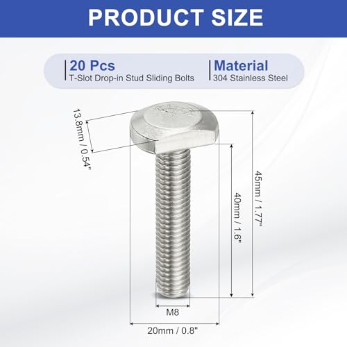 PATIKIL M8 x 40 mm T Slot Bolts, 20 Pcs 304 Stainless Steel Drop-in Bolt T Shape Stud Sliding Screw Metric Thread Hammer Head Bolt for T Track, Silver M8x40mm