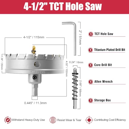 4-1/2 Inch Carbide Hole Saw with Titanium Plated Center Drill Bit, Heavy Duty TCT Hole Saw Metal Hole Cutter for Stainless Steel Iron Copper Brass Aluminum Alloy 4-1/2 inch