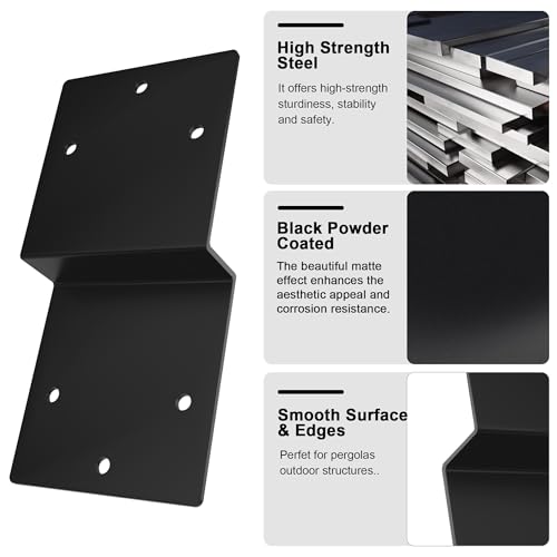 4pcs Z Brackets Black, Deck Joist Tie Plate Heavy Duty Steel 5'' x 5'' Z-Shape Connector Double Angle Channel Corner Brace Fit Beam Support Pergola Wood Shelves Fixing, Thickness 3 mm 4 Pieces