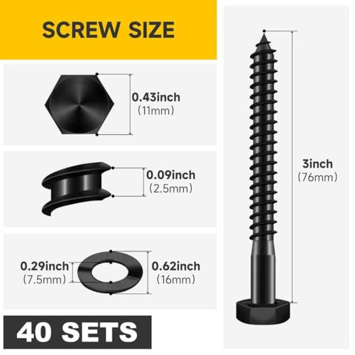 Mywish 1/4" x 3" Hex Head Lag Bolts & 65Pcs Wood Screws #10 x 3 1lb Box, Deck Screws 3 Inch, T25 Torx Drive Head, Outdoor Construction Screws, Heavy Duty Lag Screws with Washers, Lag Screws Wood Screw