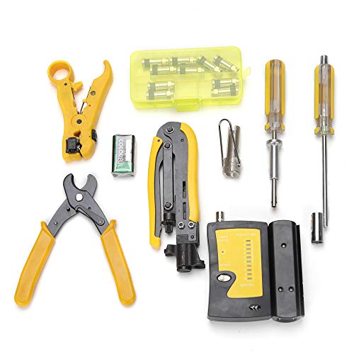F Compression Tool Coax Cable Crimper Kit, Adjustable RG6 RG59 RG11 75-5 75-7 Coaxial Cable Stripper with F Compression Connectors Pack of 10