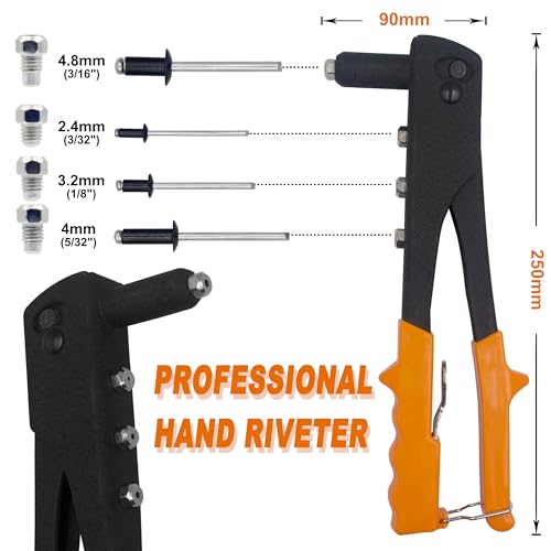 ISPINNER 225pcs Black Aluminum Blind Rivets Assortment Kit with Heavy Duty Hand Riveter Rivet Gun Tool, 6 Sizes Pop Rivets with Divider & Labeled Case