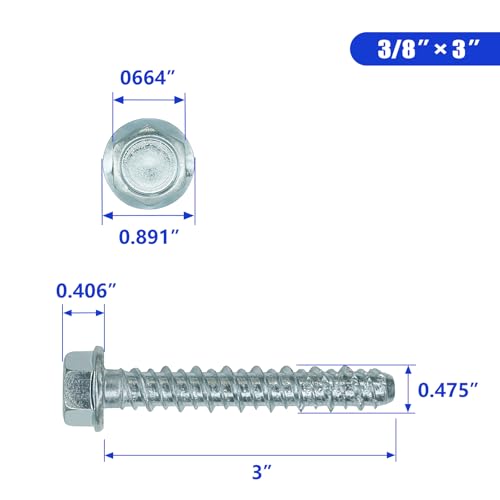 3/8" x 3" Zinc Plated Large Diameter Concrete Screws with Allen Hex Bit Socket and Drill Bit, Use for Secure Anchoring to Masonry, Brick or Block (15-Pack) 3/8"x 3"