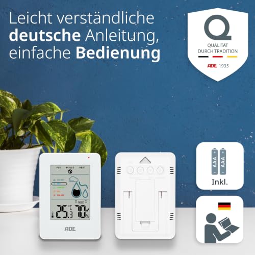 ADE Digital Hygrometer Indoor with Mould Alarm | Moisture Meter with Thermometer | Large LCD Display | White