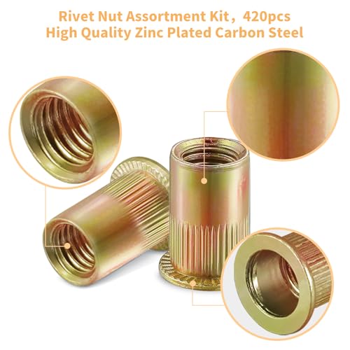 Metric & SAE Rivet Nuts Assortment Kit(420 Pcs), m3 m4 m5 m6 m8 m10 m12#6-32#8-32#10-24 1/4"-20 5/16"-18 3/8"-16 UNC Rivet nut, Zinc Plated Finish Carbon Steel Rivnut Metric &SAE-420pcs Yellow