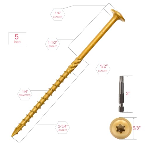 Construction Lag Screws, T30 Decking Screws, #14 x 5 Inches Structural Wood Screws for Timber,Log,Landscaping Wood with 1/4" Shank Torx Bit, Pack of 50 #14 x 5" Bronze