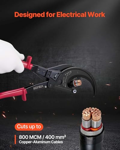 VEVOR Ratcheting Cable Cutter, Spring Steel Blades with Insulated Handles, Quick-Release Button, Heavy Duty Ratchet Cable Wire Cutter for Cutting Copper & Aluminum Cables Up to 800 MCM / 400 mm² 11inch/800 MCM / 400 mm²