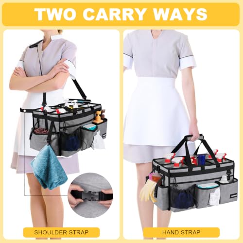 Extra Large Cleaning Caddy Bag with Rigid Support Board, Cleaning Organizer Tote with Detachable Divider, Adjustable Shoulder Strap & Waist Belt, Cleaning Supply Carrier for Cleaners & Housekeepers Light Gray Extra-Large