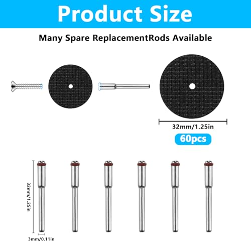 Cutting Discs Set of 60 32 mm for Rotary Tools | Cutting discs for metal steel with 6 pieces 3 mm mandrels accessories