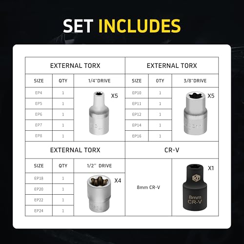 15pc External Torx Plus Socket Set Compatible with Tesla, 6 Point EP Sockets EP4, EP5, EP6, EP7, EP8, EP10, EP11, EP12, EP14, EP16, EP18, EP20, EP22, EP24 with 1/2'' 3/8'' 1/4'', Silver