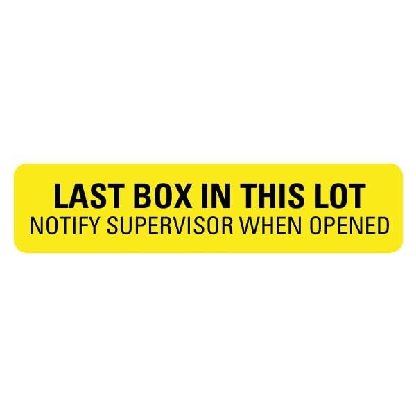 Yellow Last Box in This Lot Notify Supervisor Labels - 0.375" x 1.625", 500 Labels/Roll, Permanent Adhesive - Inventory Management & Restocking | LabelValue