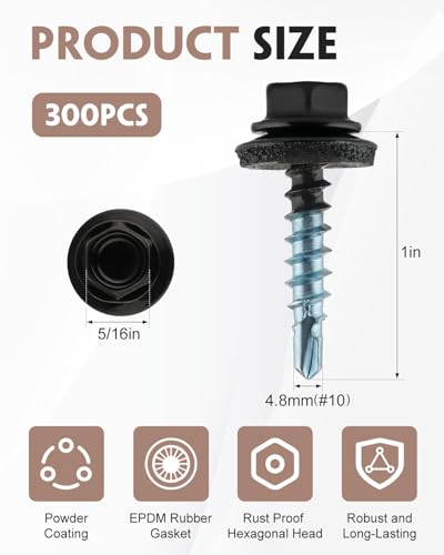 300 Pcs #10 x 1 Black Metal Roofing Screws with Hex Socket for Metal 300