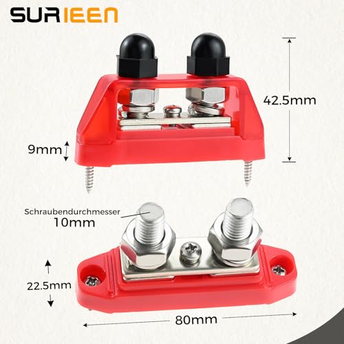 12V-48V DC Busbar 250A Busbar, Red + Black Power Distribution, M10 Bolt Battery Busbar for Car Solar Boat Truck, Red