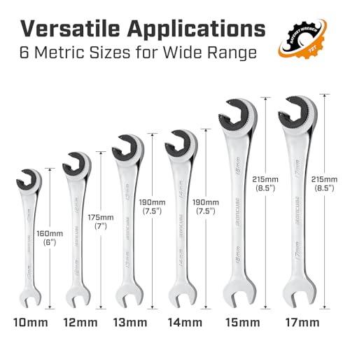 ironcube Brake Line Wrench Set: 6 Pcs Metric 10-17mm - Ratcheting Open-end for Nuts on Fuel, Brake or Air Conditioning Lines