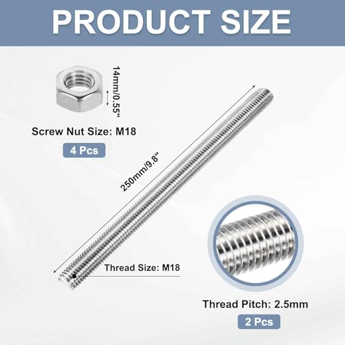 MECCANIXITY Fully Threaded Rod M18 x 250mm 2.5mm Thread Pitch 304 Stainless Steel Right Hand Threaded Rods Bar Studs Long Threaded Screw with Screw Nuts 2 Pack M18x250mm