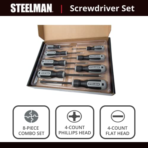 Steelman 8-Piece Diamond Tip Screwdriver Set, Variety of Slotted and Phillips Sizes, Magnetized Tips, Durable Steel, Rust-Resistant Black Oxide Coating Gray;black