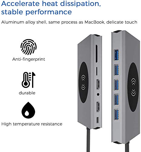 USB C Hub Laptop Docking Station + Wireless Charger 14-in-1, Card Reader, HDMI