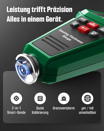 TESMEN TCG-2001 Car Paint Film Thickness Gauge Digital Paint Gauge with Bar Chart 4-Way Color Display Backlight Alarm Fe/NFE Probe - Green