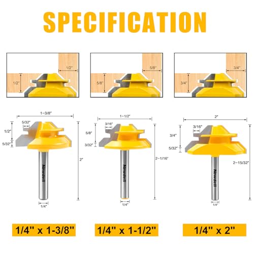 Newdeli 2Pcs Tongue and Groove Router Bit Set & 3Pcs 45 Degree Lock Miter Router bits (1/2” 5/8” 3/4” Cutting Height) 1/4 Inch Shank Joint Router Bits for Professional and Beginner Carpenters