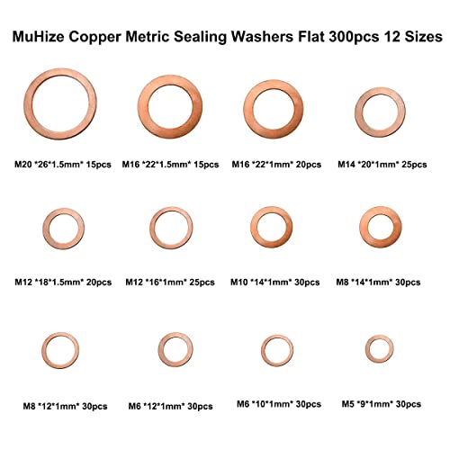 Muhize 150PCS 8 Sizes and 300PCS 12 Sizes Copper Metric Sealing Washers Flat Washers Assortment Kit (M5 M6 M8 M10 M12 M14 M16 M18 M20) Bundled Products