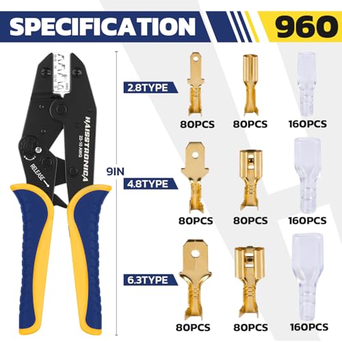 haisstronica 960PCS Brass Open Barrel Terminals with Crimping Tool 960PCS Gold