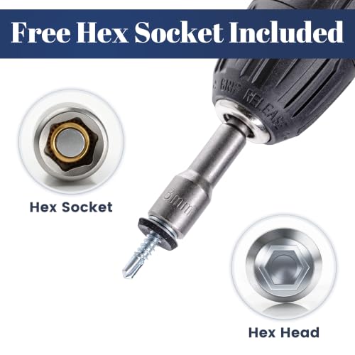 Mellewell #10 x 2 Self Drilling Metal Roofing Screws, Sheet Metal Roof Screws with EPDM Rubber Washer, Hex Head Self Tapping Screws, Hex Bit Socket Included, Carbon Steel, 250 PCS Silver #10 x 2"
