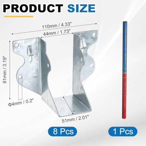 uxcell 8 Pcs Joist Hanger, 2"x4" Galvanized Steel Double Shear Face Mount Joist Hanger Brackets for Rafter, Wood Construction, Connector for Roof, Deck, Ceiling Joists, 1.73" Inner Width