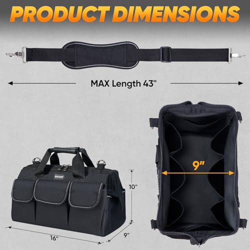 TICONN Heavy Duty Tool Bag Organizer, Portable Tool Box with Shoulder Strap 16" Standard Base Black