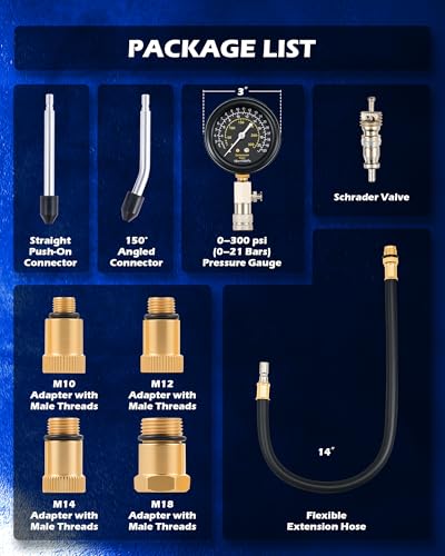 OMT 8pc Petrol Engine Cylinder Pressure Test Kit with 300 PSI Dual Gauge Standard Set