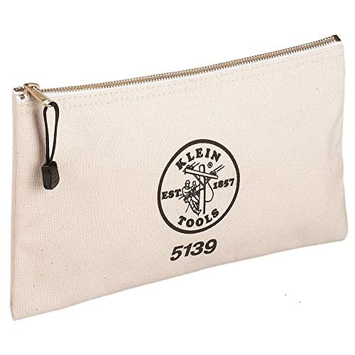 Klein Tools 5109 Canvas Bucket, Wide-Opening Straight-Wall Tool Bucket with Black Molded Bottom, 75-Pound Load Rated & 5139 Zipper Bag, Canvas Tool Pouch 12.5 x 7 x 4.25-Inch