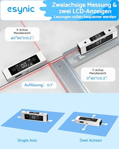 eSynic Digital Dual-Axis Inclinometer, Precision Inclinometer, Dual LCD Display, Laser Level, 4 * 90° Measuring Range, Rechargeable via USB-C Silver