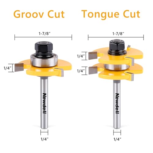 Newdeli 2Pcs Tongue and Groove Router Bit Set & 3Pcs 45 Degree Lock Miter Router bits (1/2” 5/8” 3/4” Cutting Height) 1/4 Inch Shank Joint Router Bits for Professional and Beginner Carpenters