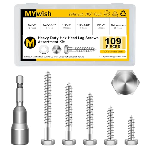 Mywish 190Pcs #8 Pocket Hole Screws, Wood Screws Assortment Kit & 109Pcs 1/4 Hex Head Lag Screws Assortment Kit, Self Tapping Pocket Screws with Square Drive, Lag Bolts with Washers