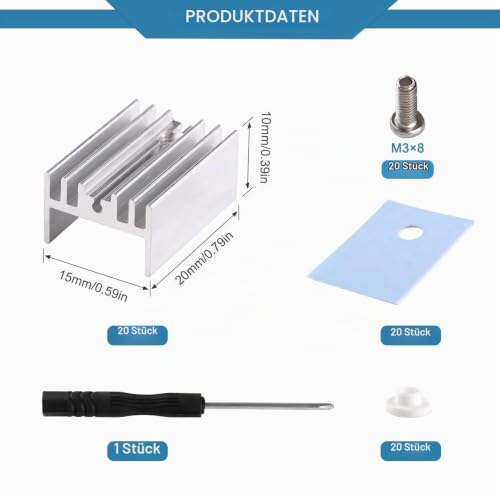 VooGenzek 20 Pieces TO-220 Heatsink and Insulator/Mounting Kits, Heatsink + Screw + Washer + Insulator Rubberised Silicone for TO-220 MOSFET Transistor, 20 x 15 x 10 mm Without needle