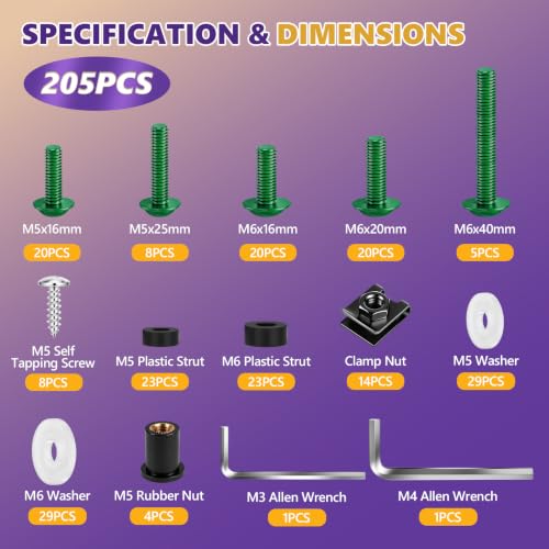 205Pcs Motorcycle Fairing Bolt Kit, M5 M6 Stainless Steel 304, Green