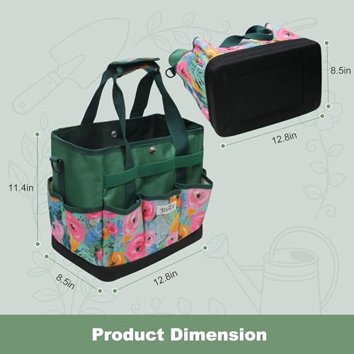 Hard Bottom Floral Garden Tool Tote Bag with Shoulder Strap Green Floral
