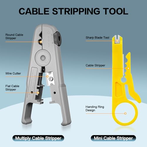 Ethernet Crimping Tool RJ45 /RJ11 Crimp Tools,CAT5 Cat5e Cat6 RJ45 Crimping Tool Kit With Multiply Cable Stripper, Blades,50PCS Cat6 Connectors, 50PCS Boots,Wire Cutter EM-CR2