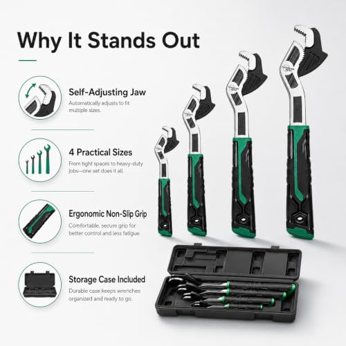4PC Adjusting Wrench Set with Case, 6 8 10 12 Inch Multi-function Universal Magic Wrench, CR-V Steel for 0.47-1.18 Inch (7-43MM),Self locking Wrench,Pipe Wrench Set, Fittings and Nuts Green Extra Large