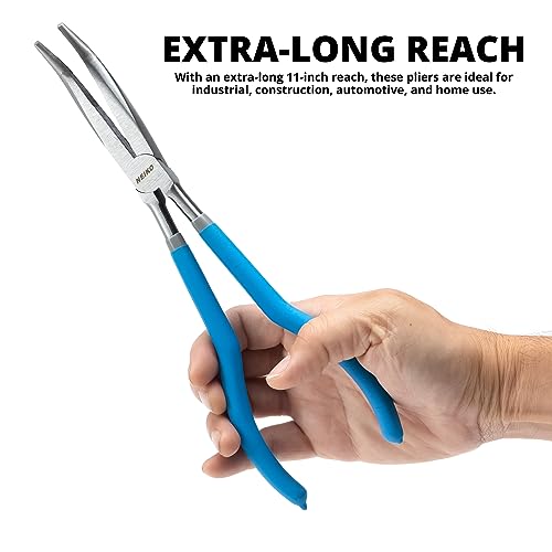 NEIKO 02105A (4) Long Nose Plier 11” Long Reach, Straight, Angle, Curved Pliers, 45 & 90 Degree, bent Head Needle Nose Pliers Set for Mechanics, Long Handle Pliers Long Nose Pliers
