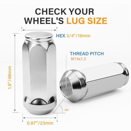14x1.5 Classic Chrome Lug Nuts - 24 Pack Long Bulge Acorn Closed End - 1.9" Height 3/4" Hex Direct Fit for Ford, Chevy, GMC, Cadillac, Lincoln - OEM Style Replacement M14X1.5